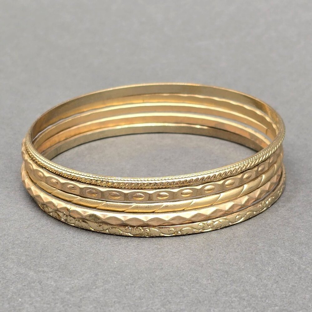 VTG Gold Tone Textured Bangle Bracelets 7" 50s Stackable Eclectic Lot Of 5 - Picture 4 of 4